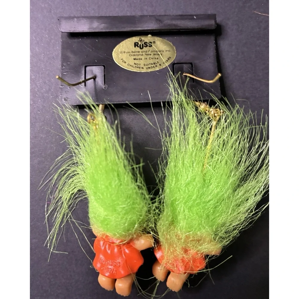 VTG Halloween Troll Doll Earrings RUSS Cape Mask Hero Pierced Dangle y2k
